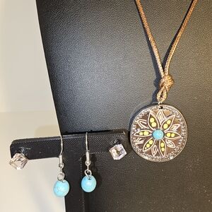 Turquoise Pendant Necklace and 2 Pairs Of Earrings